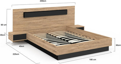 Lit Coffre Santa avec Tables de chevets intégrées et sommier 140x190cm Couleur Bois et Noir