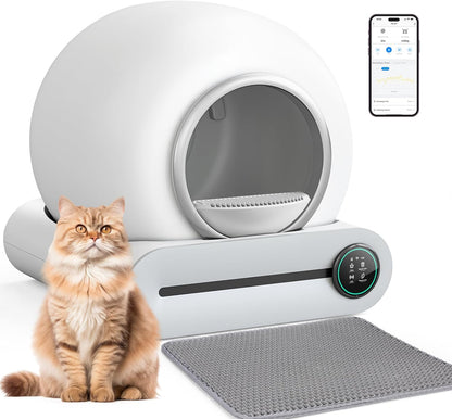 Bac à litière autonettoyant pour chat 2026, avec tapis et inserts, grande capacité 65 L + 9 L, contrôle par application / convient pour plusieurs chats – Gris
