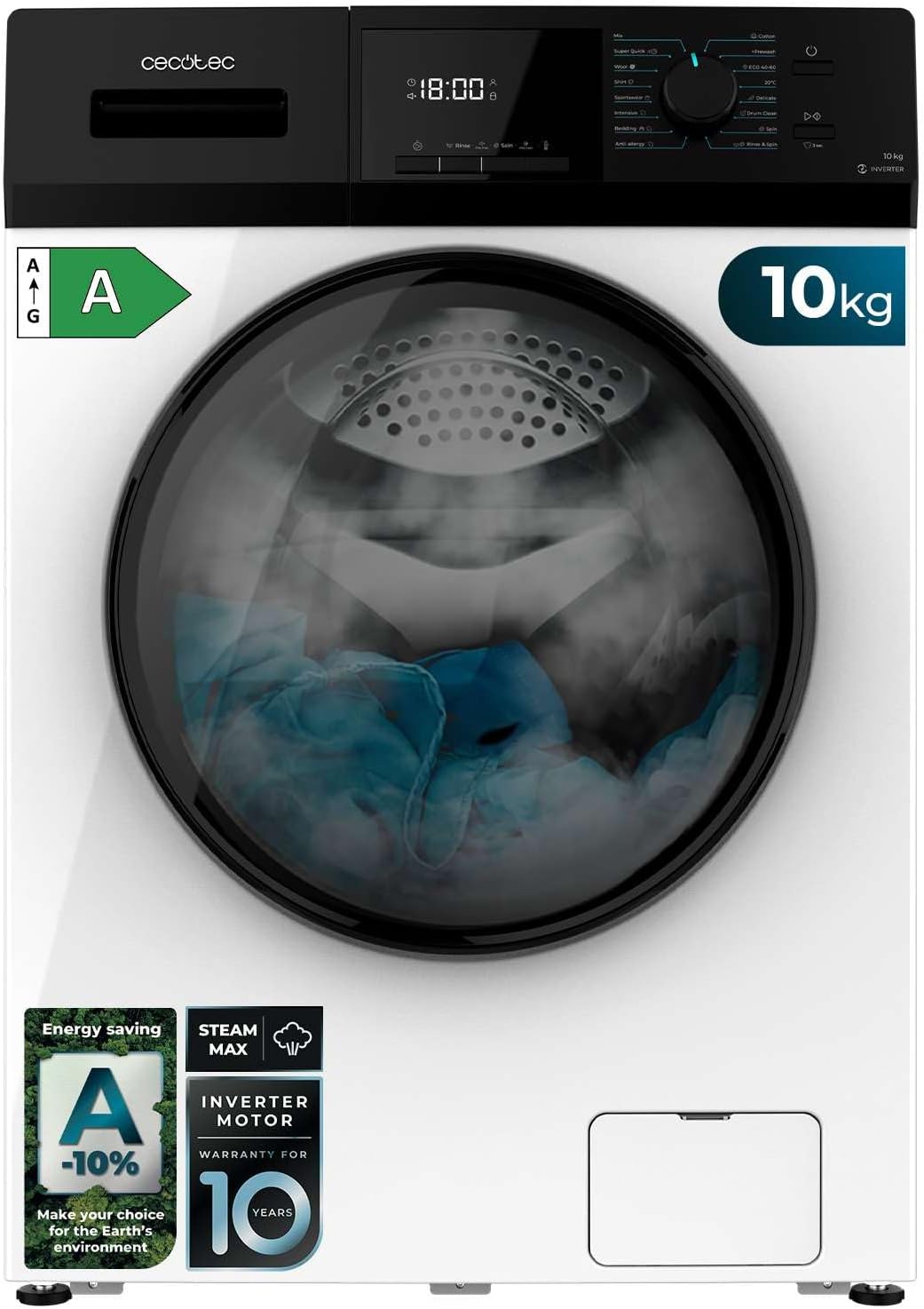 Cecotec Lave-Linge 9Kg Chargement Frontal Bolero Dresscode 9410 Inverter A. 1900W, 1400 tr/min Réglable, 16 Programmes, Faible Consommation d'Énergie, Vapeur, Stérilisation du Linge