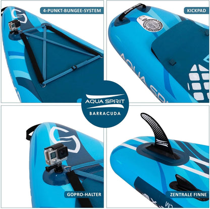 Planche de SUP gonflable Aqua Spirit 2026 | 320 x 81 x 15 cm | Comprend une pagaie, un siège, un sac à dos, une pompe et d'autres accessoires | Adultes débutants/experts (Bleu)