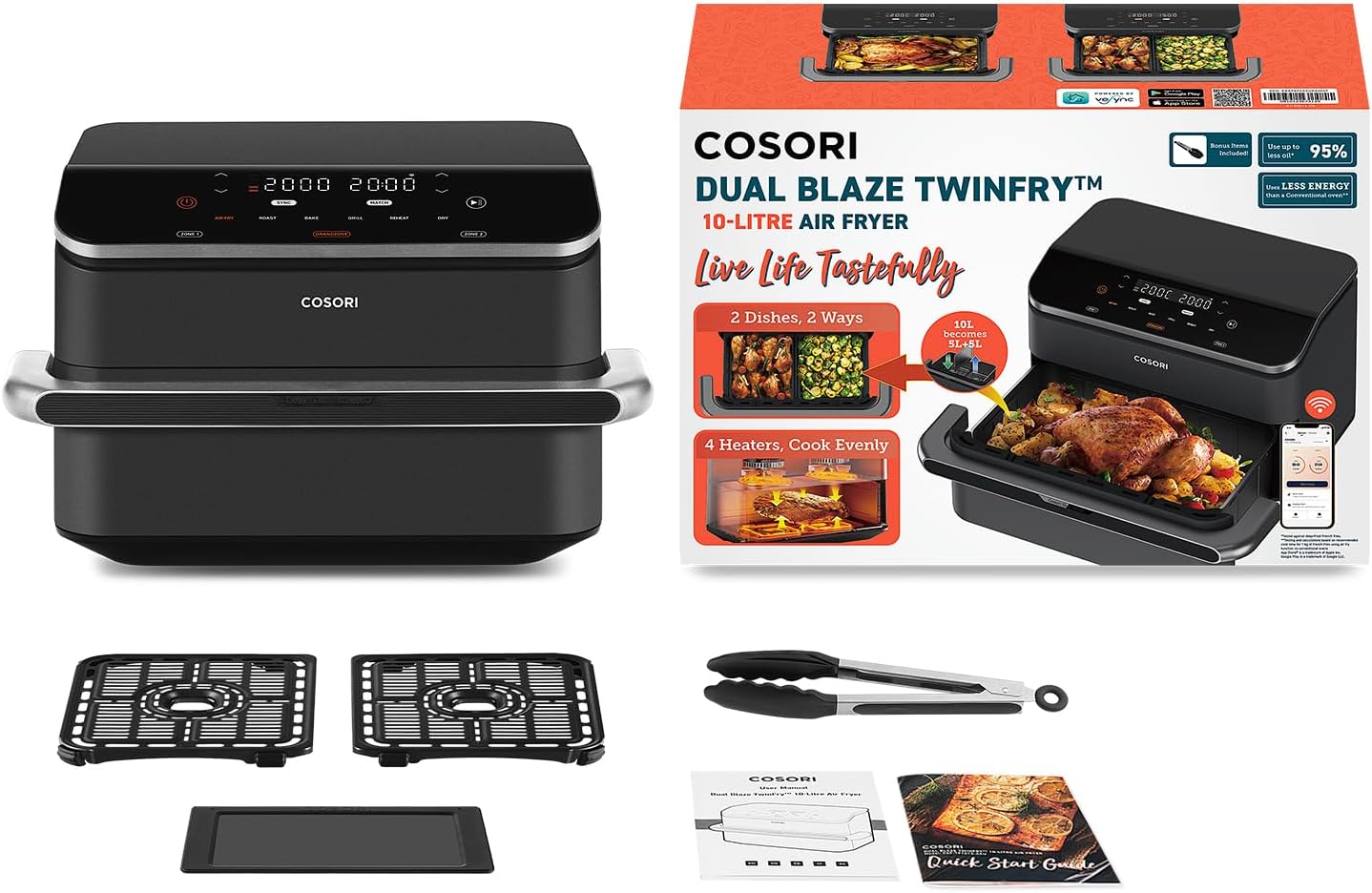 COSORI Air Fryer 10L Twinfry,Dual Zone Avec S&eacute;parateur Amovible,Capacit&eacute; Flexible de 10L,Friteuse sans Huile 6-en-1,35℃-240℃,66% d'&Eacute;nergie en Moins,Livre de Recettes et Application