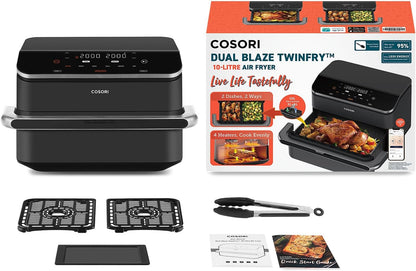 COSORI Air Fryer 10L Twinfry,Dual Zone Avec S&eacute;parateur Amovible,Capacit&eacute; Flexible de 10L,Friteuse sans Huile 6-en-1,35℃-240℃,66% d'&Eacute;nergie en Moins,Livre de Recettes et Application