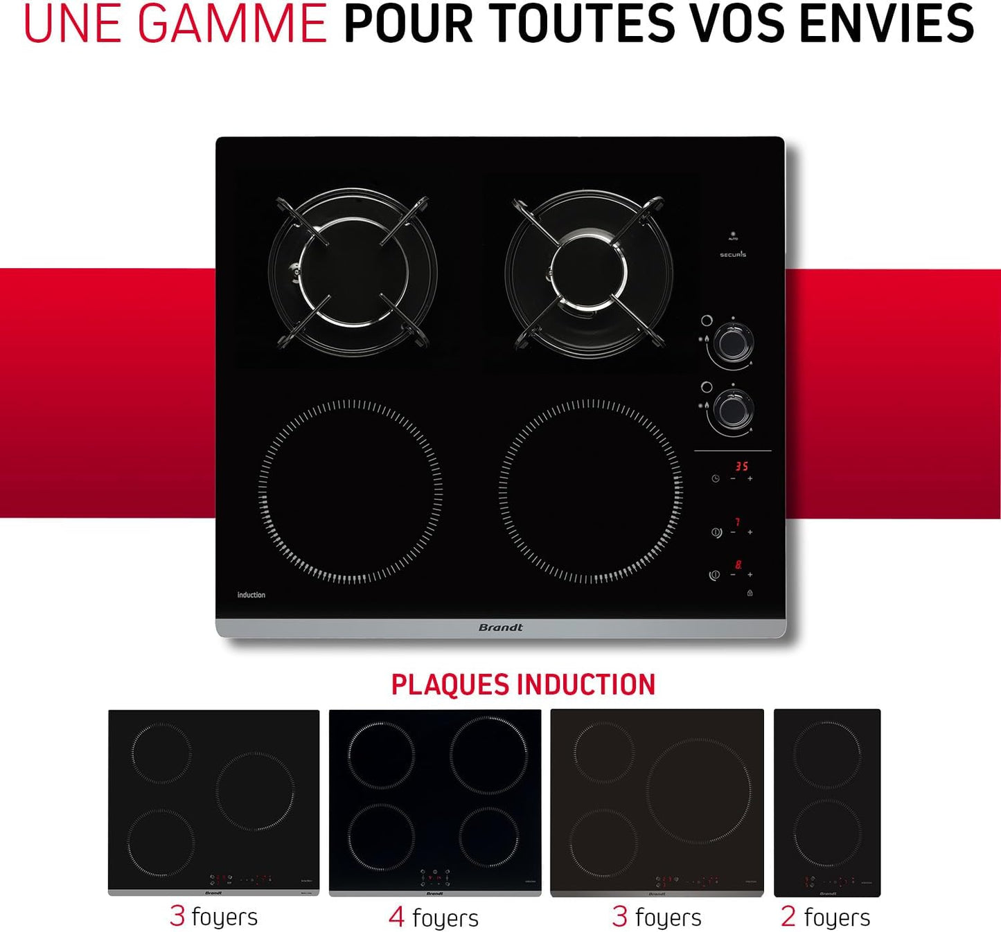 2026 Brandt BPI6413BM – Table de Cuisson Mixte Induction & Gaz, 4 Foyers, 9 Niveaux, Édition Limitée