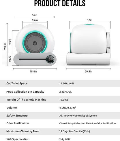 Bac à litière autonettoyant pour chat 2026, avec tapis et inserts, grande capacité 65 L + 9 L, contrôle par application / convient pour plusieurs chats – Gris