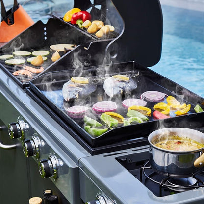 Barbecue Bi-Energy Gun Metal XL - Barbecue Charbon et Plancha 60 x 42 cm à gaz avec brûleur latéral -12,95 KW