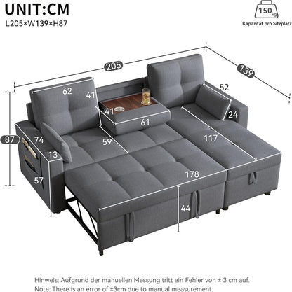 Canapé Convertible en Forme de L,canape lit 2 Places Convertible Gris,canapé 3 Places lit gigogne avec Fonction Couchage,équipé d'un Espace de Rangement