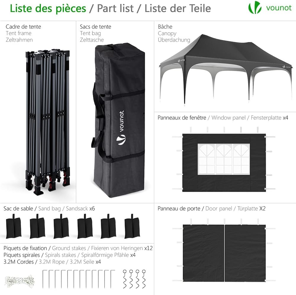 Tonnelle de Jardin Extérieur 3x6m Barnum Pliant avec 6 Parois Amovibles et 6 Sacs de Sable Tente de Reception Imperméable et Anti-UV pour Camping Festival Mariage Sac de Transport Inclus Noir
