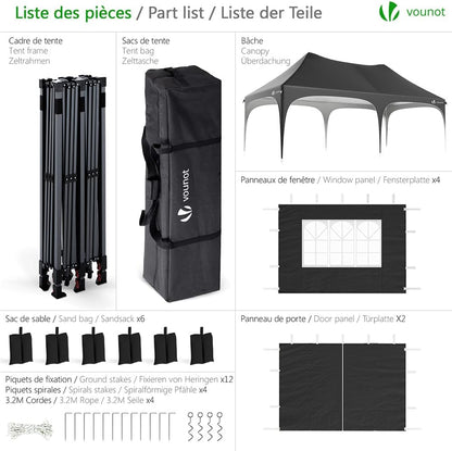 Tonnelle de Jardin Extérieur 3x6m Barnum Pliant avec 6 Parois Amovibles et 6 Sacs de Sable Tente de Reception Imperméable et Anti-UV pour Camping Festival Mariage Sac de Transport Inclus Noir