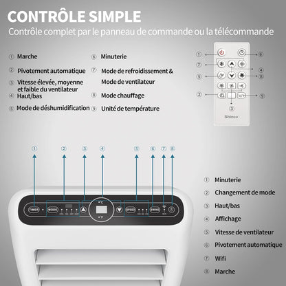 SHINCO Climatiseur mobile, 7000 BTU 2,05kW, Refroidir&Ventilation&Déshumidification, taille de la pièce jusqu'à 54m³(18㎡), Climatiseur mobile avec tuyau d'évacuation et tuyau de vidange, mode sommeil