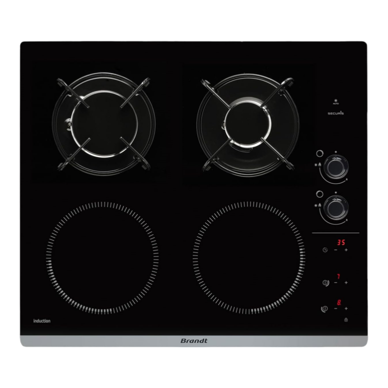 Brandt - BPI6413BM - Plaque Induction et Gaz - Table de Cuisson - Noir - 4 Foyers - 3400W Electrique et 4600 Gaz - Dimensions Encastrement : 56x49cm - 9 Positions par Foyer - Fabriqué en France