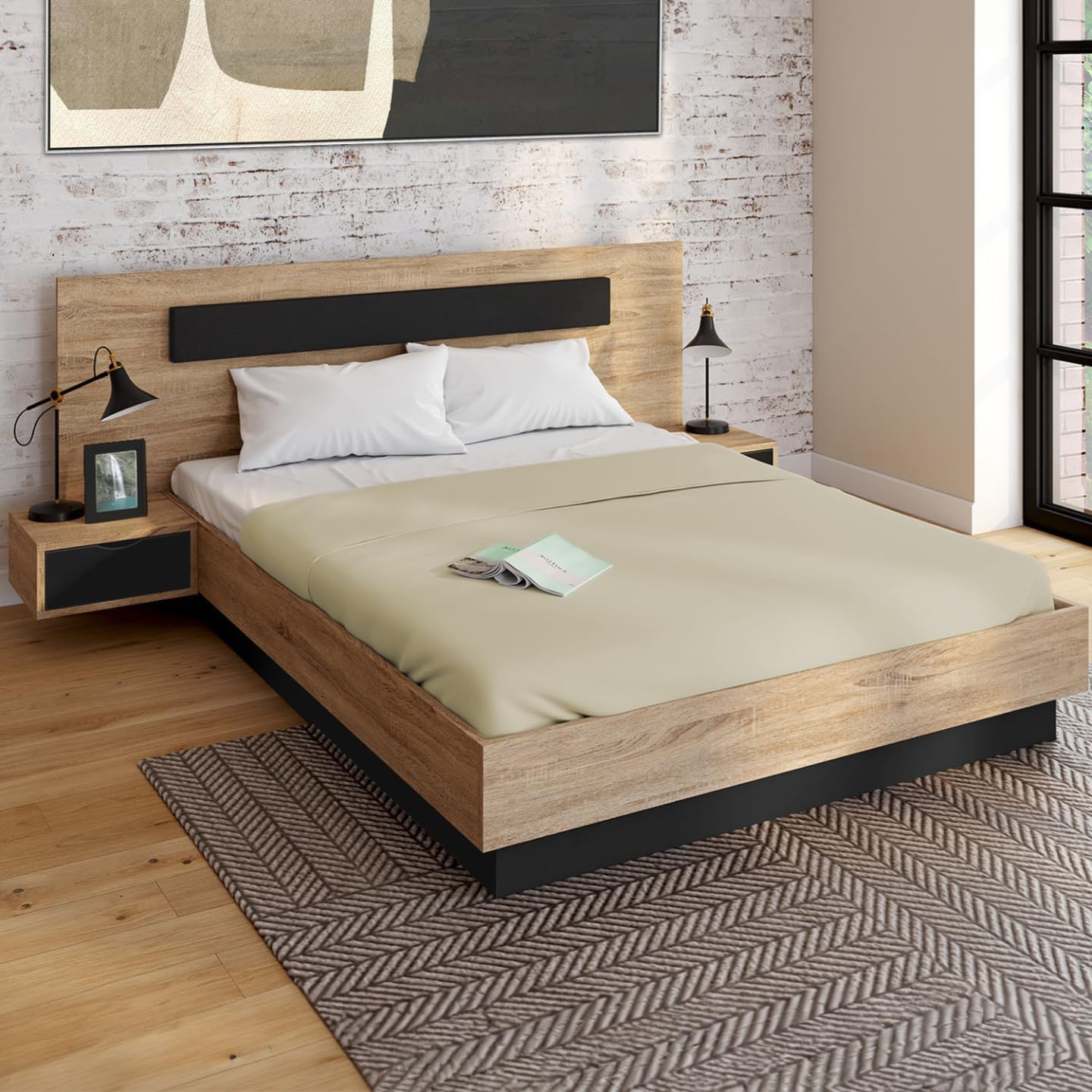 Lit Coffre Santa avec Tables de chevets intégrées et sommier 140x190cm Couleur Bois et Noir