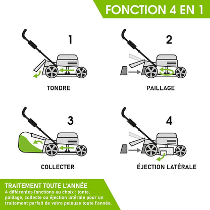 BRAST tondeuse thermique 3 roues TRIKE E-START 224cc 53cm tractée démarrage électrique mulching 4en1 capot en tôle en acier 60l - moteur 4 temps de la marque française GT reglable
