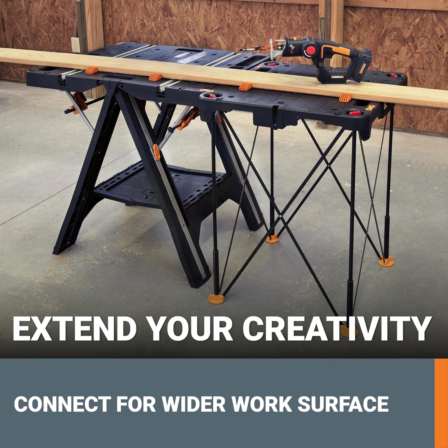 2026 Table de Travail et Chevalet Pliant 2-en-1 Worx Pegasus, Banc de Travail Portable Facile à Installer, 31" L x 25" P x 32" H, Léger avec Haute Capacité de Charge, WX051 - Inclut 2 Serres et 4 Brides