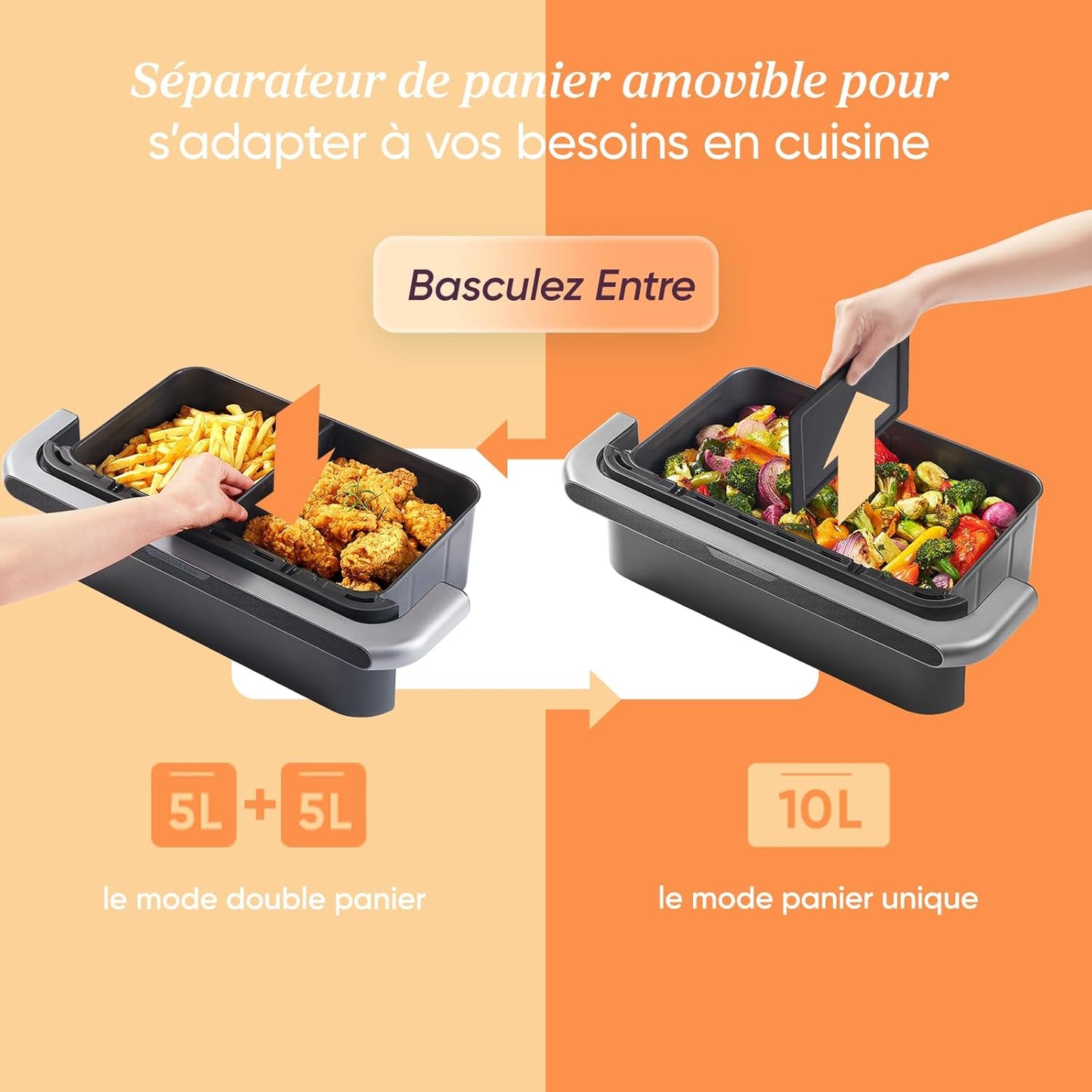 COSORI Air Fryer 10L Twinfry,Dual Zone Avec S&eacute;parateur Amovible,Capacit&eacute; Flexible de 10L,Friteuse sans Huile 6-en-1,35℃-240℃,66% d'&Eacute;nergie en Moins,Livre de Recettes et Application