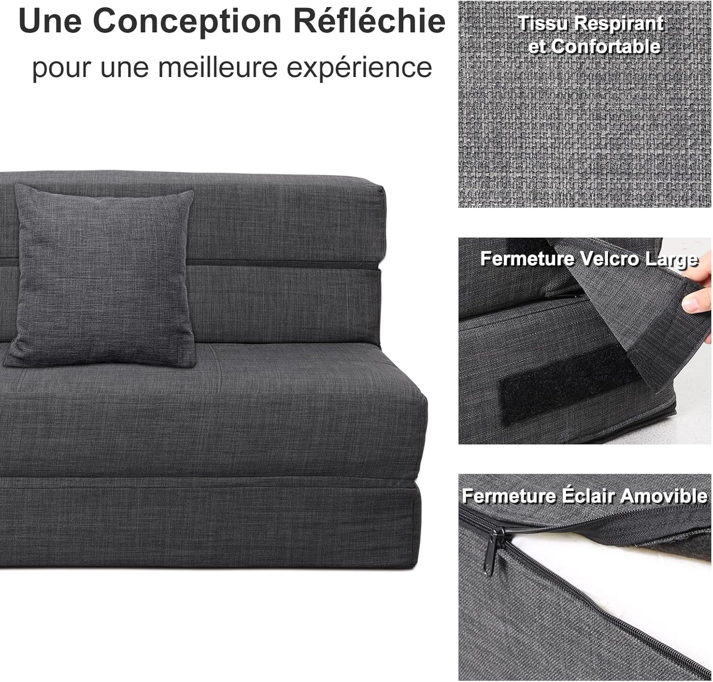 ANONER Canapé Convertible 2 Places 150cm de Large, Pliable en Mousse à Mémoire de Forme & 2 Oreillers, Lit Pliant de Sol pour Chambre Salon, Gris Foncé