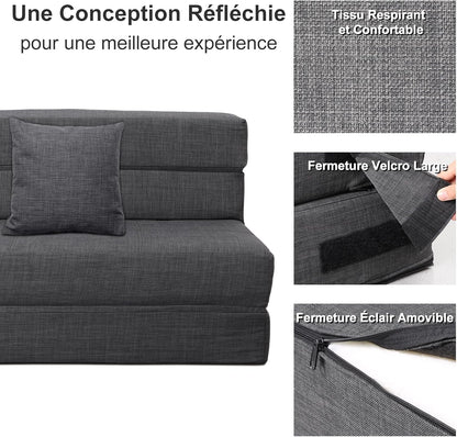 ANONER Canapé Convertible 2 Places 150cm de Large, Pliable en Mousse à Mémoire de Forme & 2 Oreillers, Lit Pliant de Sol pour Chambre Salon, Gris Foncé