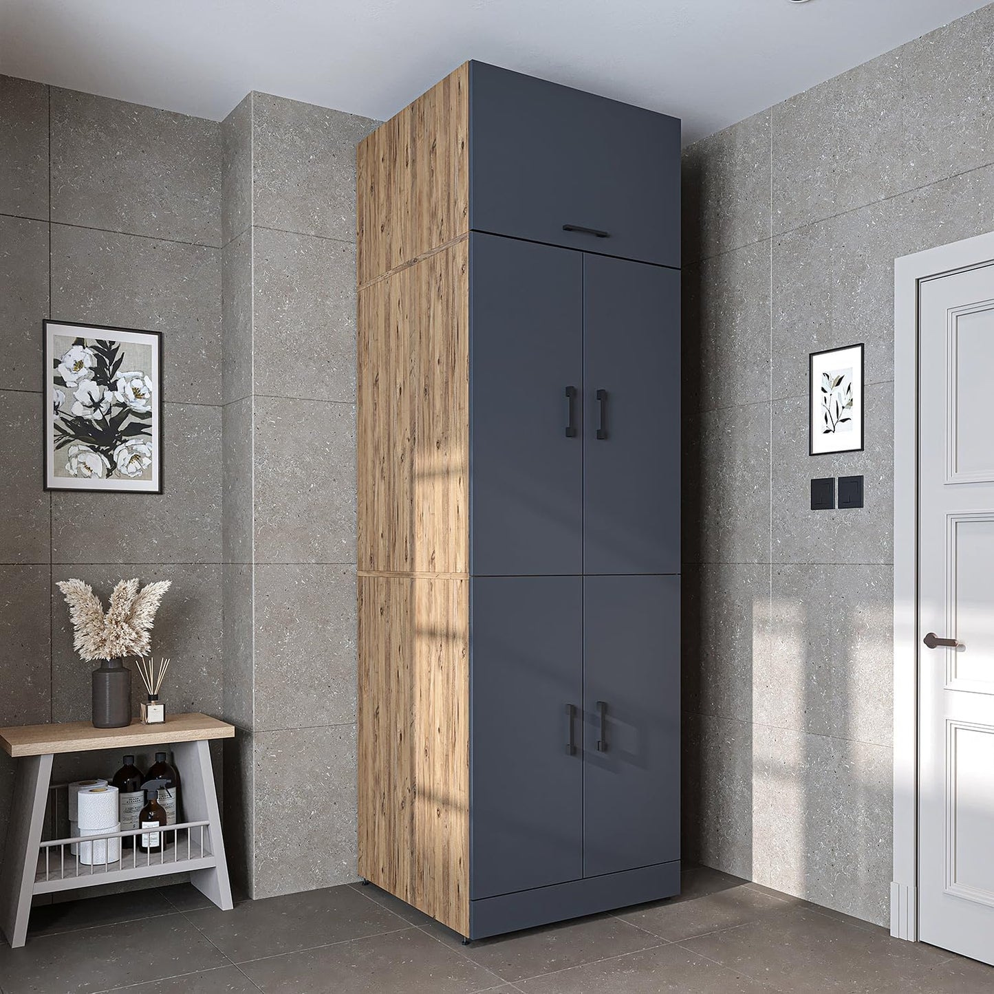 ROOMART Dora Armoire de machine à laver, pour sèche-linge et machine à laver, en 4 couleurs, avec portes et planche coulissante (chêne anthracite)
