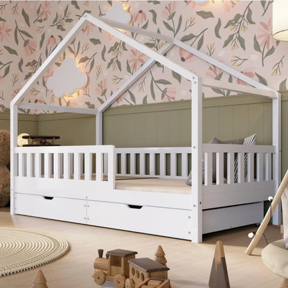 Lit cabane Crazy Pine Crazy House avec tiroirs 190 x 90 cm &ndash; Lit enfant en bois naturel avec barri&egrave;re &ndash; Lit Montessori au sol avec rangement suppl&eacute;mentaire et barri&egrave;re amovible