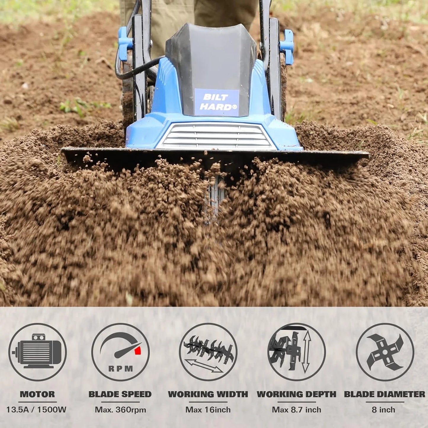 Motoculteur électrique BILT HARD 16 pouces, 13,5 A, 6 dents en acier, avec roues réglables