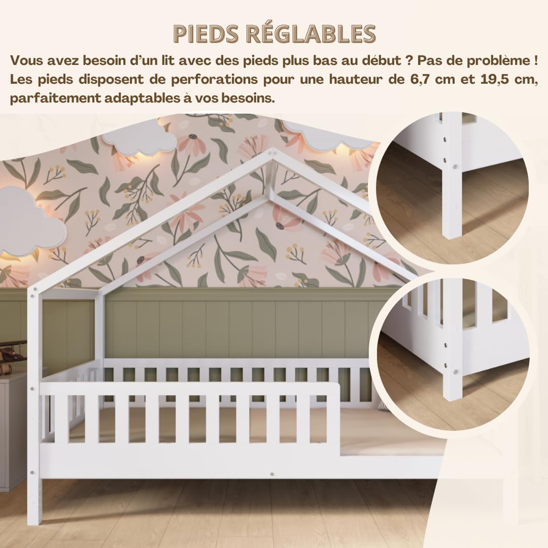 Lit cabane Crazy Pine Crazy House avec tiroirs 190 x 90 cm &ndash; Lit enfant en bois naturel avec barri&egrave;re &ndash; Lit Montessori au sol avec rangement suppl&eacute;mentaire et barri&egrave;re amovible