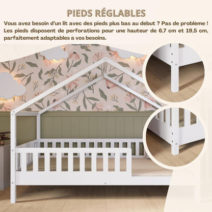 Lit cabane Crazy Pine Crazy House avec tiroirs 190 x 90 cm &ndash; Lit enfant en bois naturel avec barri&egrave;re &ndash; Lit Montessori au sol avec rangement suppl&eacute;mentaire et barri&egrave;re amovible