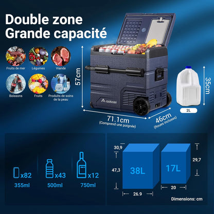 115L Glaciere Electrique Double Zone,Glaciere a Compression WiFi APP,12 V/24 V et 100-240 V Frigo Camping,-20 ℃ à 20 ℃,pour Voiture,Camion,Bateau,Camping,Car,Caravanes,Voyageant,Maison