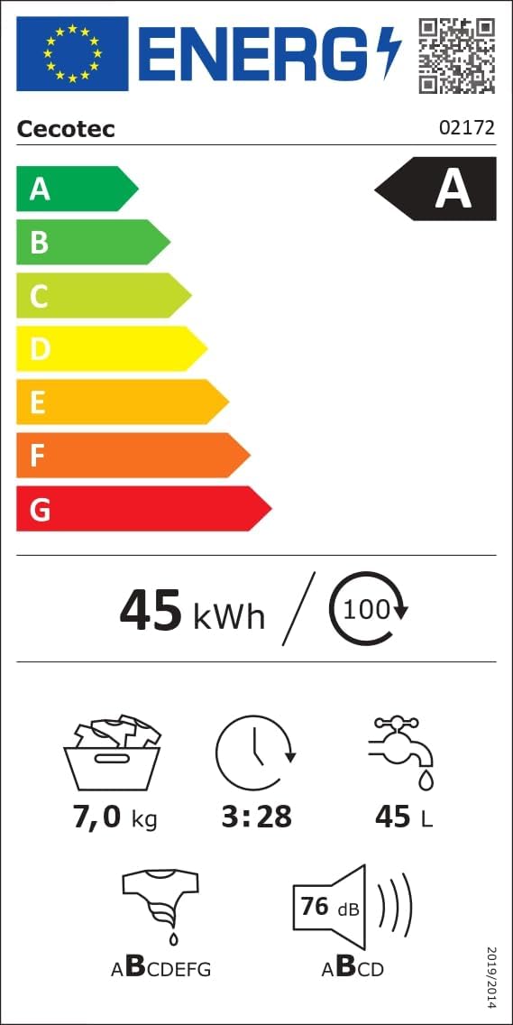 Cecotec Lave-Linge 9Kg Chargement Frontal Bolero Dresscode 9410 Inverter A. 1900W, 1400 tr/min Réglable, 16 Programmes, Faible Consommation d'Énergie, Vapeur, Stérilisation du Linge