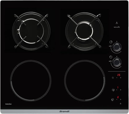 Brandt - BPI6413BM - Plaque Induction et Gaz - Table de Cuisson - Noir - 4 Foyers - 3400W Electrique et 4600 Gaz - Dimensions Encastrement : 56x49cm - 9 Positions par Foyer - Fabriqué en France