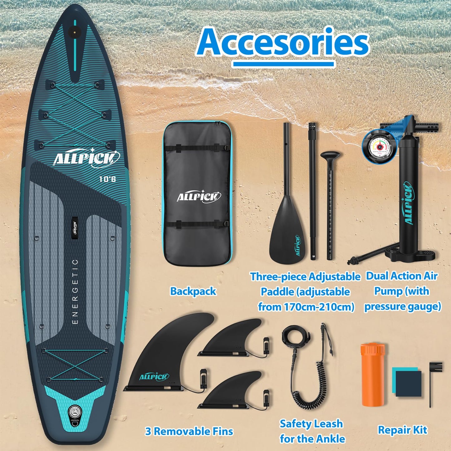 Planche de stand up paddle gonflable haut de gamme ALLPICK 2026 320 x 81 x 15 cm – Ensemble complet avec pagaie réglable, sac à dos, caméra de sport et siège kayak – SUP stable et durable jusqu'à 180 kg, pour débutants et experts
