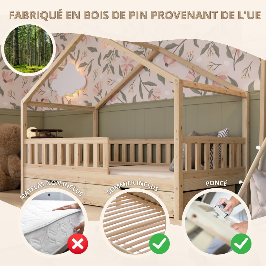 Lit cabane Crazy Pine Crazy House avec tiroirs 190 x 90 cm &ndash; Lit enfant en bois naturel avec barri&egrave;re &ndash; Lit Montessori au sol avec rangement suppl&eacute;mentaire et barri&egrave;re amovible