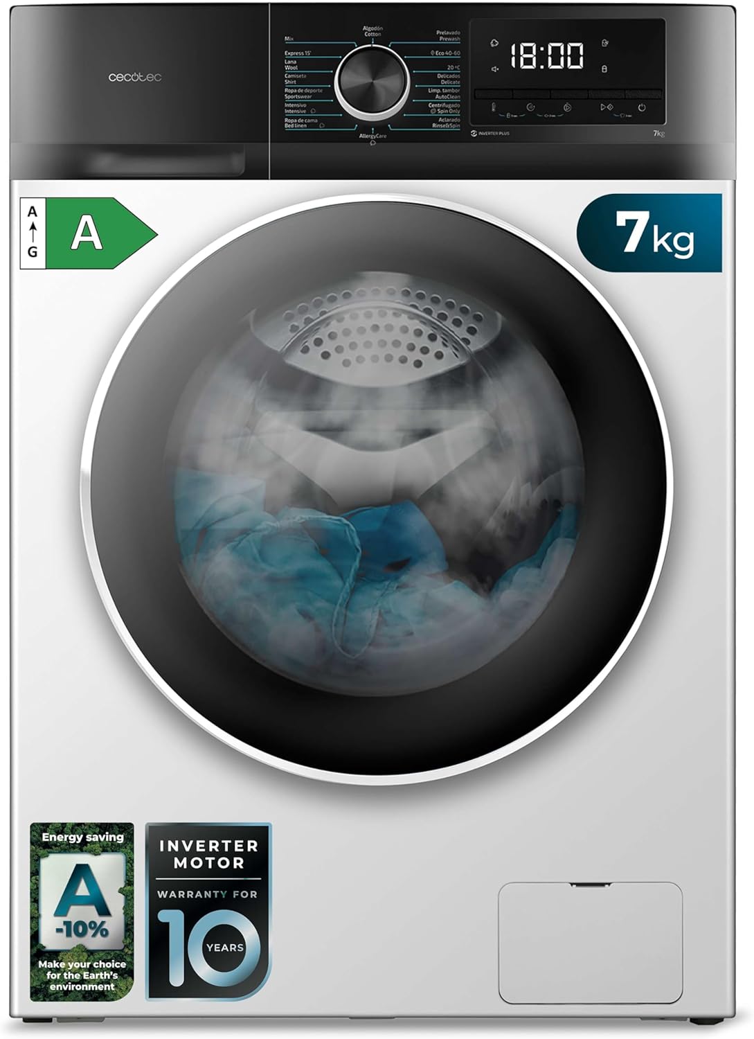 Cecotec Bolero Dresscode 10500 Inverter Steel A. Lave-linge 10 kg Steel, 1400 tr/min, Moteur Inverter Plus, Vapeur, Classe A.