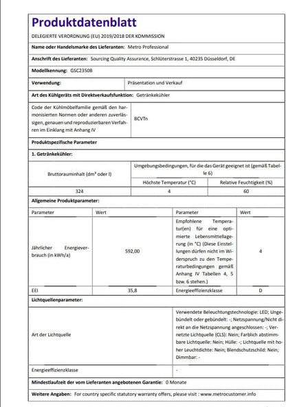 METRO Professional Réfrigérateur à Boissons GSC2360B, Acier/Verre, 62 x 63.6 x 175.3 cm, 347 L, avec Serrure, Noir