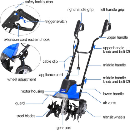 Motoculteur électrique BILT HARD 16 pouces, 13,5 A, 6 dents en acier, avec roues réglables