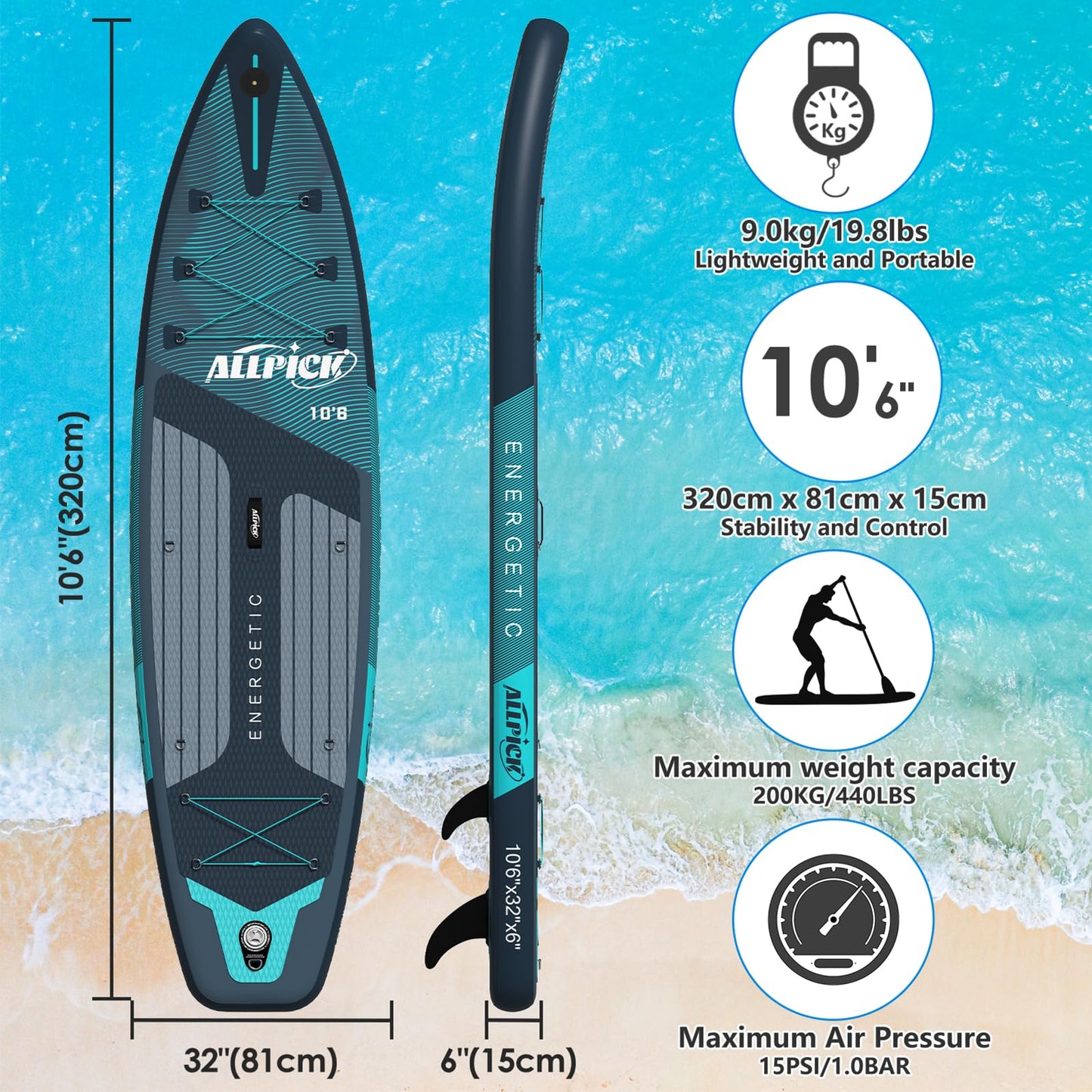 Planche de stand up paddle gonflable haut de gamme ALLPICK 2026 320 x 81 x 15 cm – Ensemble complet avec pagaie réglable, sac à dos, caméra de sport et siège kayak – SUP stable et durable jusqu'à 180 kg, pour débutants et experts