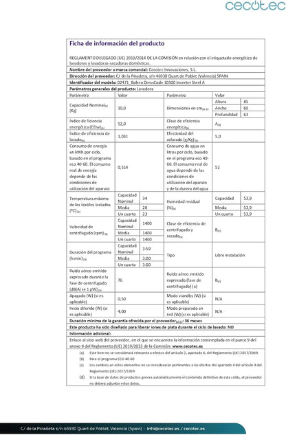 Cecotec Bolero Dresscode 10500 Inverter Steel A. Lave-linge 10 kg Steel, 1400 tr/min, Moteur Inverter Plus, Vapeur, Classe A.