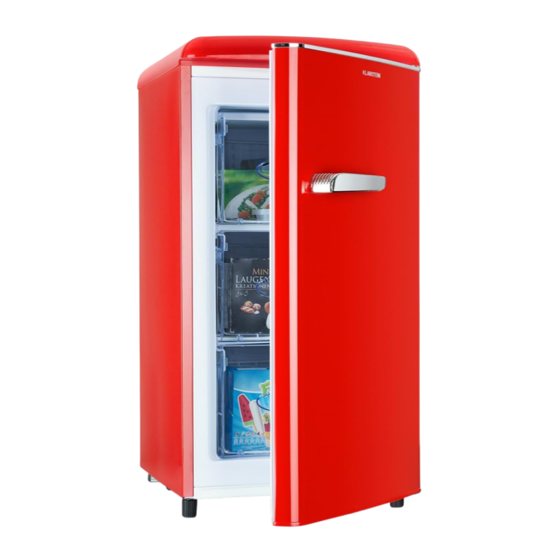 KLARSTEIN Laika - Congélateur, volume total 60 litres, thermostat à 5 niveaux, 0 à -18°C, 3 grilles, pose libre, design rétro - rouge