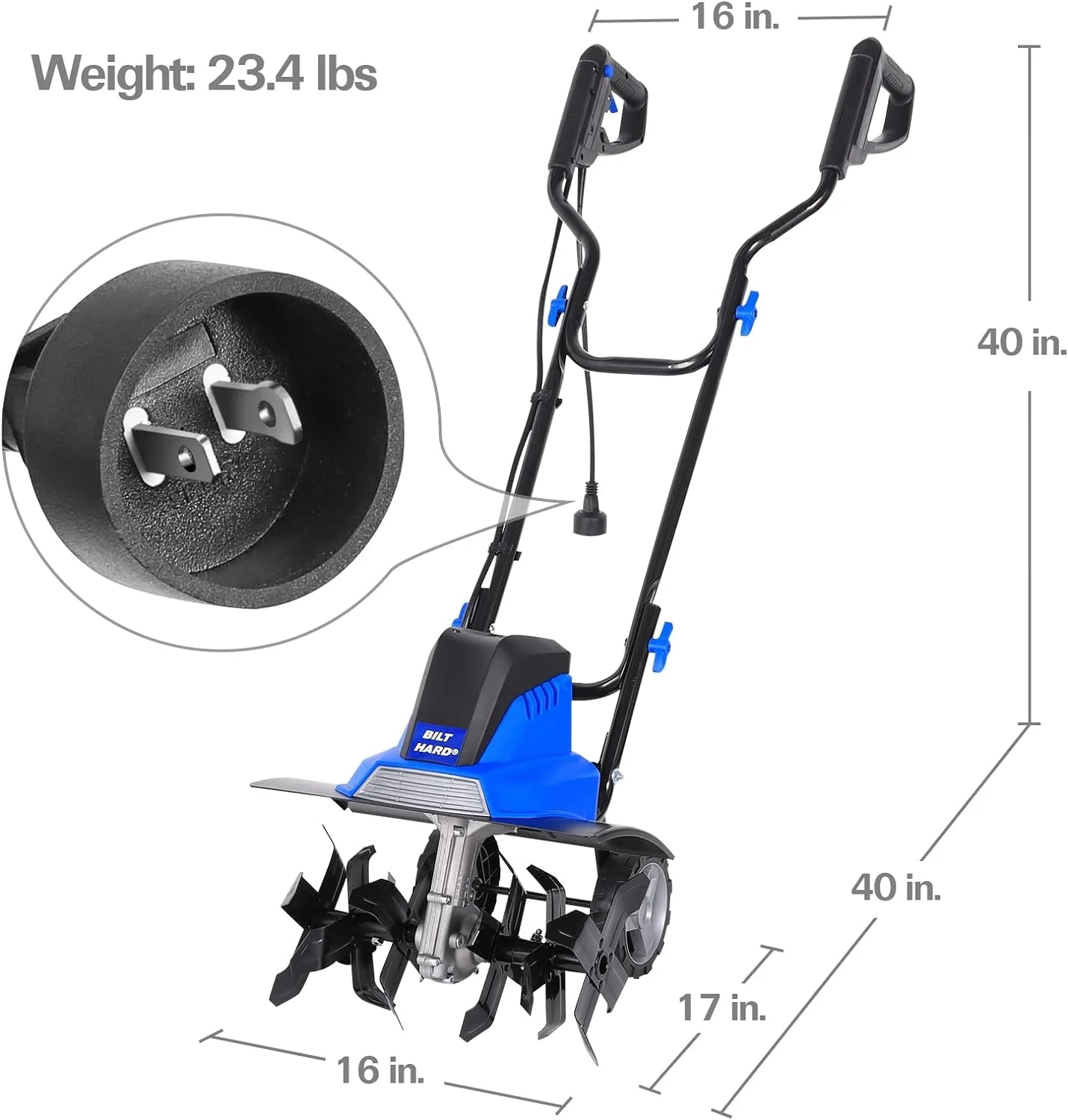 Motoculteur électrique BILT HARD 16 pouces, 13,5 A, 6 dents en acier, avec roues réglables