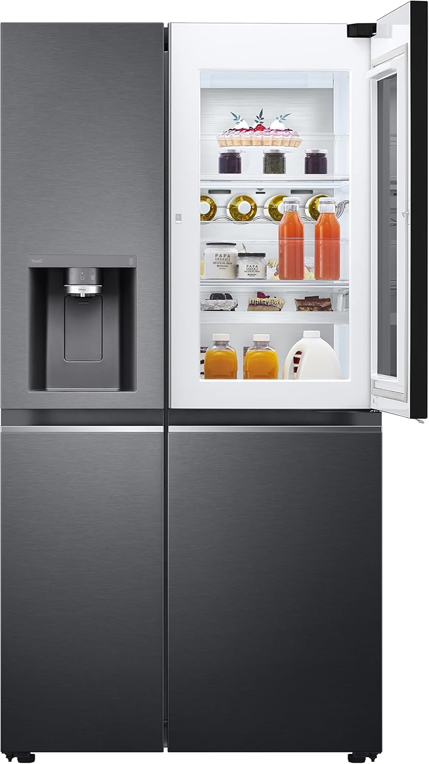 LG GSXV91MCAF Réfrigérateur combiné - Side by Side, 635L, InstaView, Total No-Frost, Compartiment congélation, Distributeur d'eau et glace UVnano, Compresseur Inverter Linear, Wi-Fi, Noir, Classe F