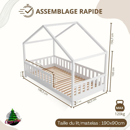 Lit cabane Crazy Pine Crazy House avec tiroirs 190 x 90 cm &ndash; Lit enfant en bois naturel avec barri&egrave;re &ndash; Lit Montessori au sol avec rangement suppl&eacute;mentaire et barri&egrave;re amovible