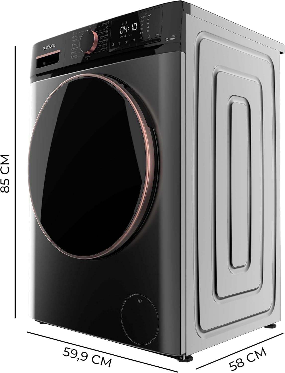 Cecotec Lave-linge 10Kg Bolero DressCode 10610 Inverter Steel A. Chargement Frontale, 1400 RPM, Steam Max, Motor Inverter Plus, 15 Programmes, OnSmart, Stop&Go, Caoutchouc Antibactérien, Drum Clean