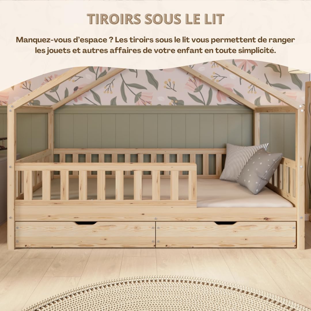 Lit cabane Crazy Pine Crazy House avec tiroirs 190 x 90 cm &ndash; Lit enfant en bois naturel avec barri&egrave;re &ndash; Lit Montessori au sol avec rangement suppl&eacute;mentaire et barri&egrave;re amovible