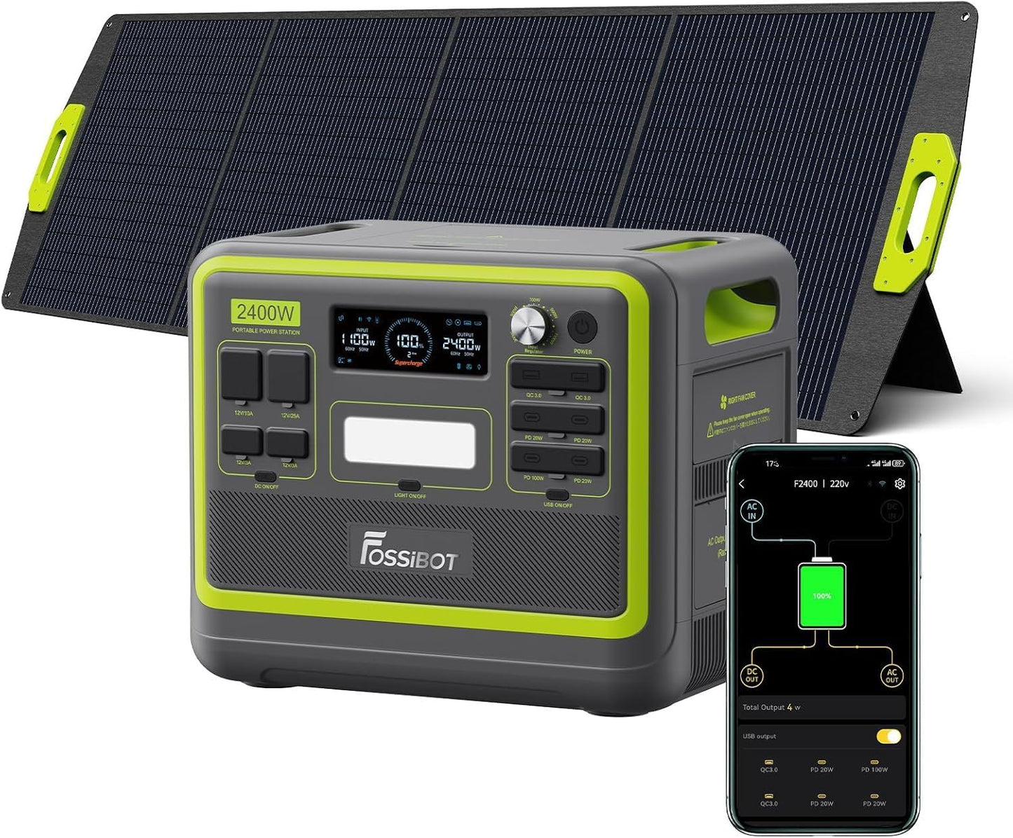 F2400 Station électrique portable CA 2400W (4800W Pic),Station Silencieux Solaire 2048Wh LiFePO4,Groupe Générateur Électrique Onduleur Alimentation de Secours à Domicile Camping