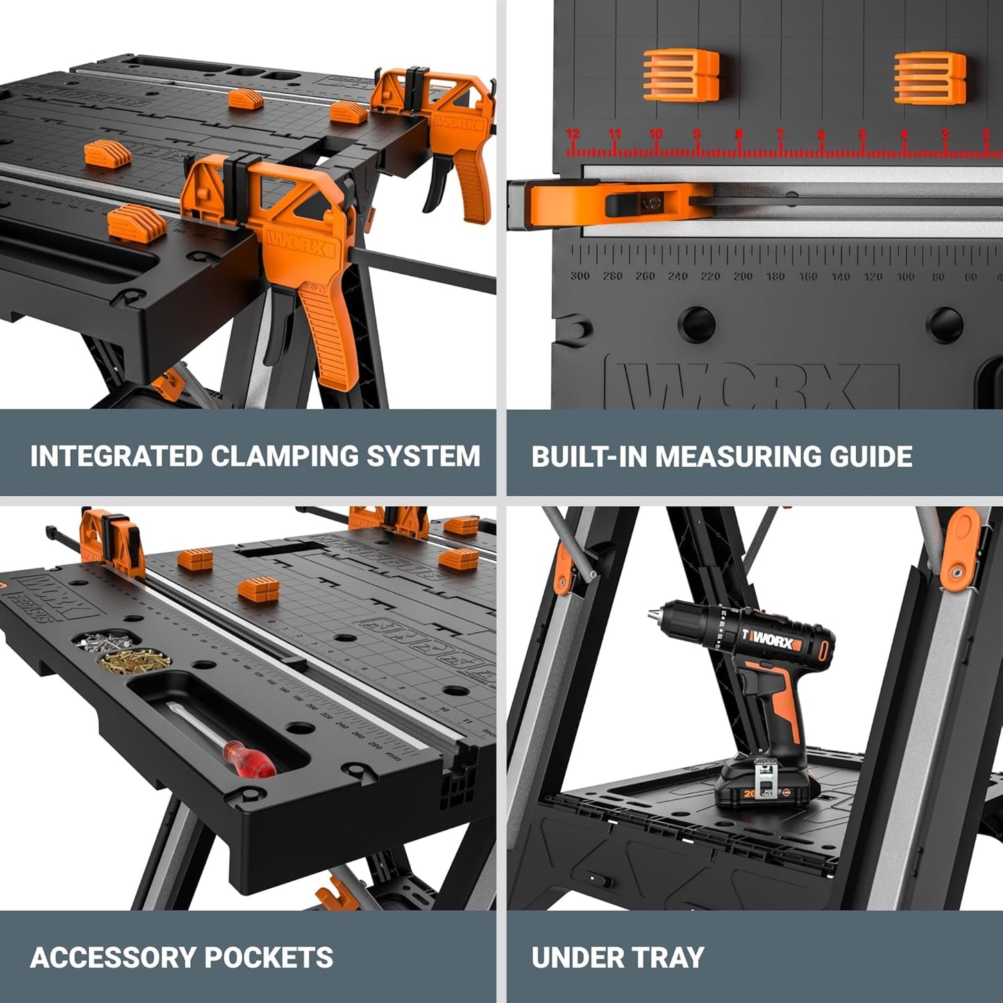 2026 Table de Travail et Chevalet Pliant 2-en-1 Worx Pegasus, Banc de Travail Portable Facile à Installer, 31" L x 25" P x 32" H, Léger avec Haute Capacité de Charge, WX051 - Inclut 2 Serres et 4 Brides