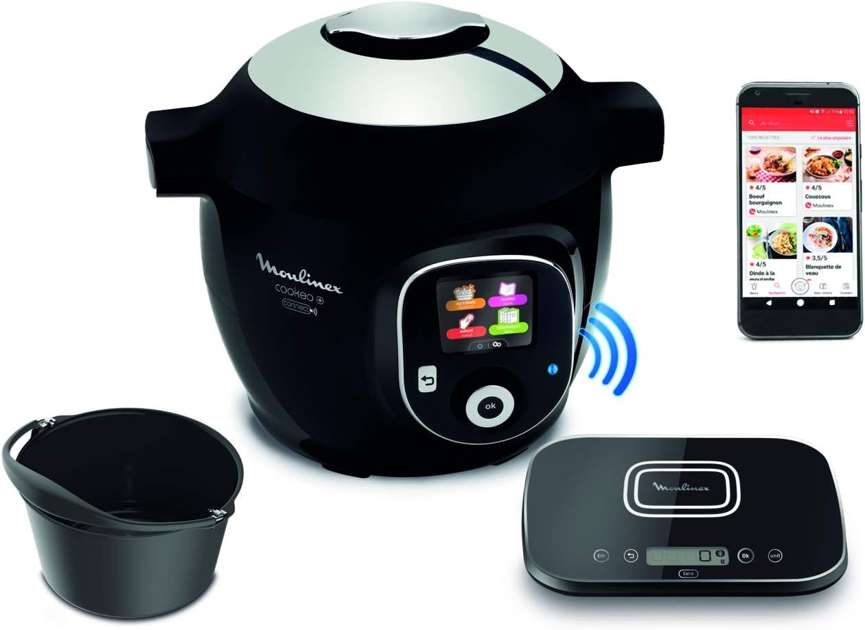 Connect Multicuiseur Intelligent Haute Pression Balance et Moule Inclus 6L 200 Recettes 6 Modes de Cuisson Guide Pas à Pas Application Mon Cookeo CE859800, 6 liters, Noir