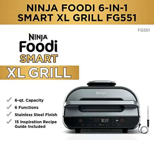2026 Ninja FG551 Foodi Smart XL Grill d’Intérieur 6-en-1 avec Friteuse à Air 4 Quart – Finition Acier Inoxydable
