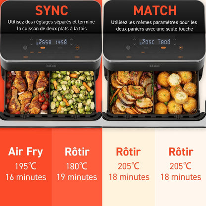COSORI Air Fryer 10L Twinfry,Dual Zone Avec S&eacute;parateur Amovible,Capacit&eacute; Flexible de 10L,Friteuse sans Huile 6-en-1,35℃-240℃,66% d'&Eacute;nergie en Moins,Livre de Recettes et Application