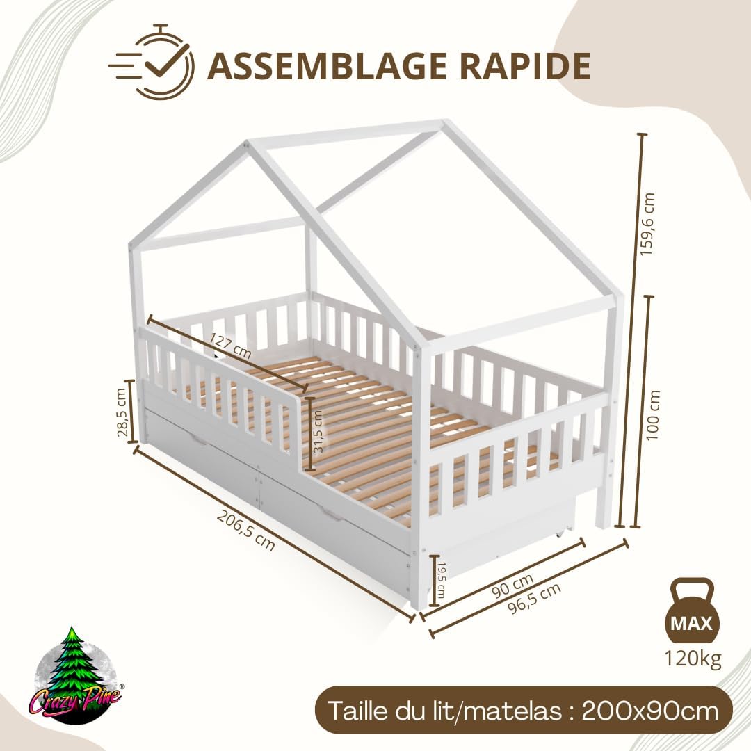 Lit cabane Crazy Pine Crazy House avec tiroirs 190 x 90 cm &ndash; Lit enfant en bois naturel avec barri&egrave;re &ndash; Lit Montessori au sol avec rangement suppl&eacute;mentaire et barri&egrave;re amovible