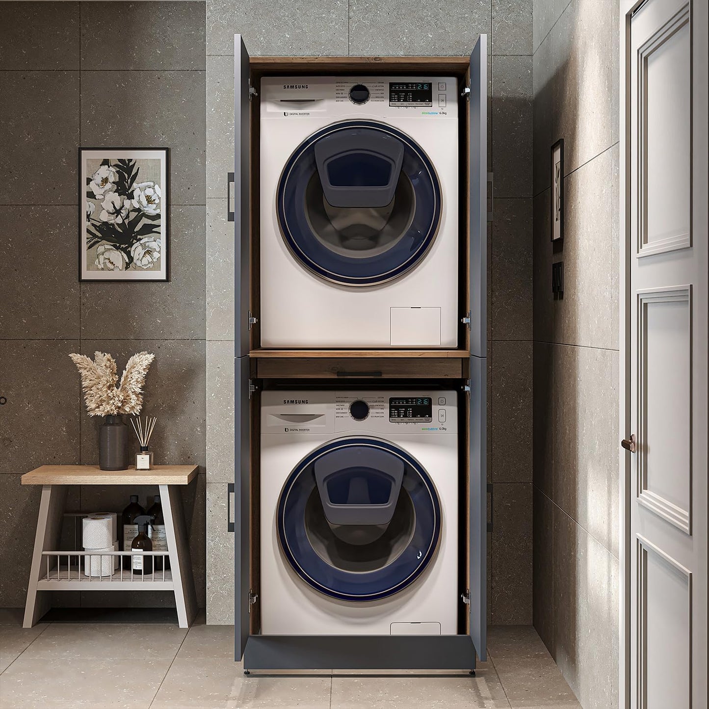 ROOMART Dora Armoire de machine à laver, pour sèche-linge et machine à laver, en 4 couleurs, avec portes et planche coulissante (chêne anthracite)