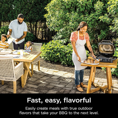 Ninja Woodfire Pro Gril et fumoir 7 en 1 avec thermomètre, friteuse à air, barbecue, pâtisserie, grillades, grillades, barbecue électrique portable pour extérieur, gris