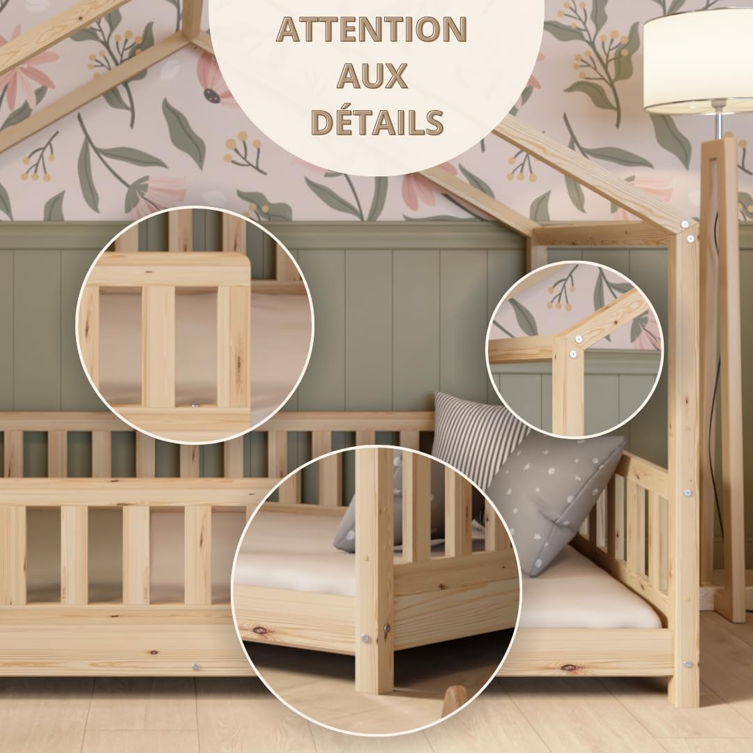 Lit cabane Crazy Pine Crazy House avec tiroirs 190 x 90 cm &ndash; Lit enfant en bois naturel avec barri&egrave;re &ndash; Lit Montessori au sol avec rangement suppl&eacute;mentaire et barri&egrave;re amovible